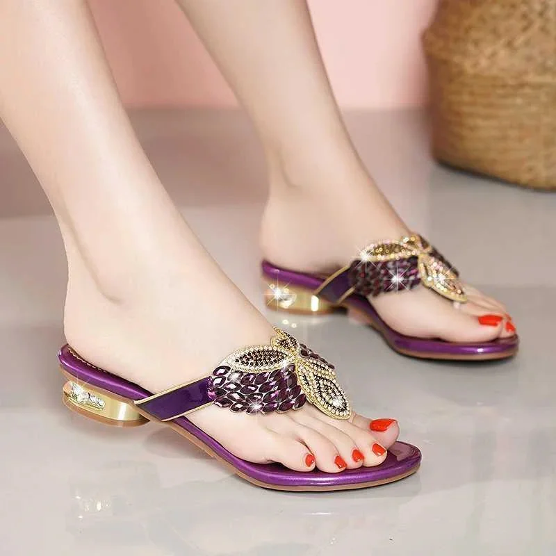 Chanclas de verano informales para mujer, zapatos cómodos con diseño de diamantes de imitación de cristal, sandalias de cuero sexys a la moda