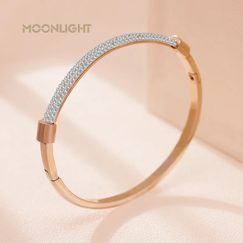 MOONLIGHT-Pulseiras Cubic Zirconia para Mulheres, Pulseira de Aço Titanium na moda, Jóias Circulares, Presente Clássico, Moda Feminina