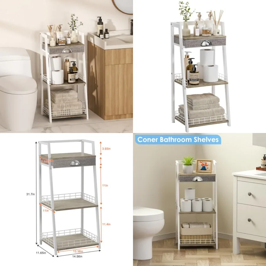 

3-Tier Small Bathroom Shelves with Drawer, Floor Storage Shelf, Small Bathroom Stand Rack, Freestanding Ladder Shelf for Living