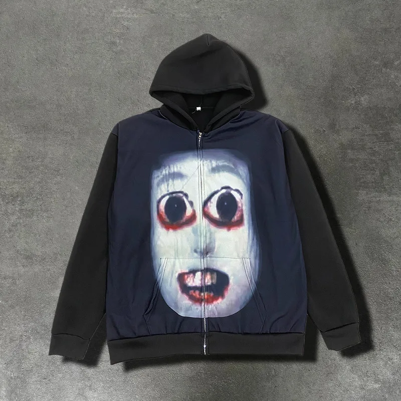 Personalized Funny Pattern Printed Hoodie with Zipper Pocket Dark Style Y2K Halloween Fashion Jacket for Casual Wear