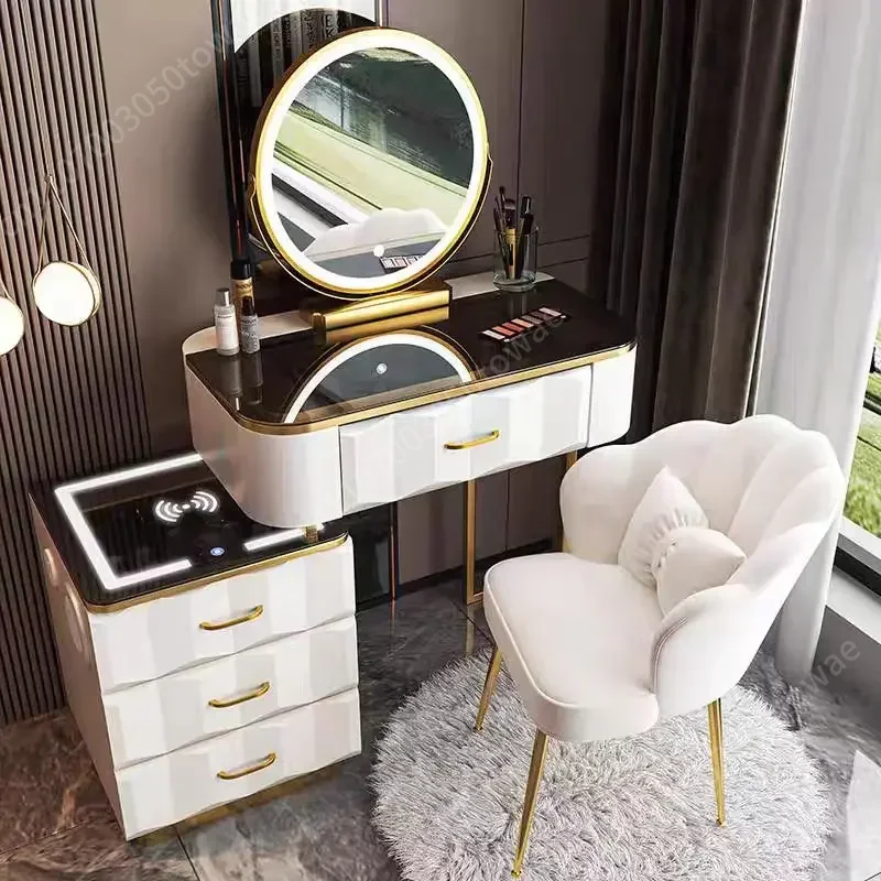 Luxury Gray Gold Makeup Vanity Table, Wireless Charging Side Cabinet with Multi Storage Drawers Modern Dresser Table for Bedroom