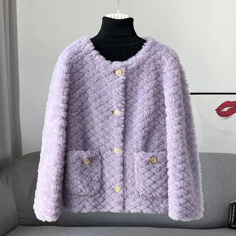 2024 Winter Women Fashion imitate Wool Coat O-Neck Single Breasted Casual Lamb Fleece Overcoat Fashion New Lady Jacket