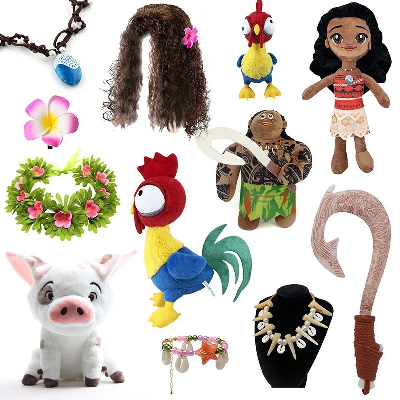 Película MOANA Cosplay peluca y collar flor Clip vestido conjunto Halloween Vaiana disfraz accesorios Moana mascota cerdo y gallo juguetes