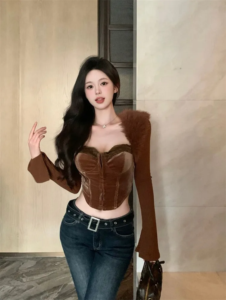 Vintage Sexy Crop Top Slim Fit Velvet Vest for Women+ Y2k Long Sleeve Knitted Cardigan 2024 Early Autumn New Two Piece Sets