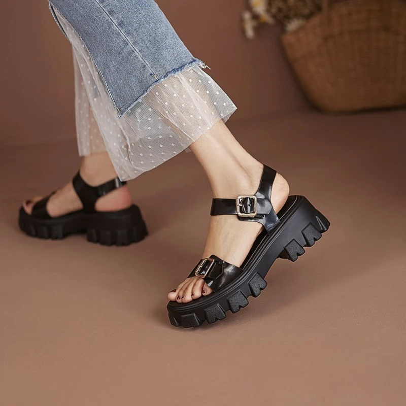 2024 New Summer Women Shoes Concise Thick Heel Leather Sandals Platform Shoes Platform Sandals White Genuine Leather Flats black