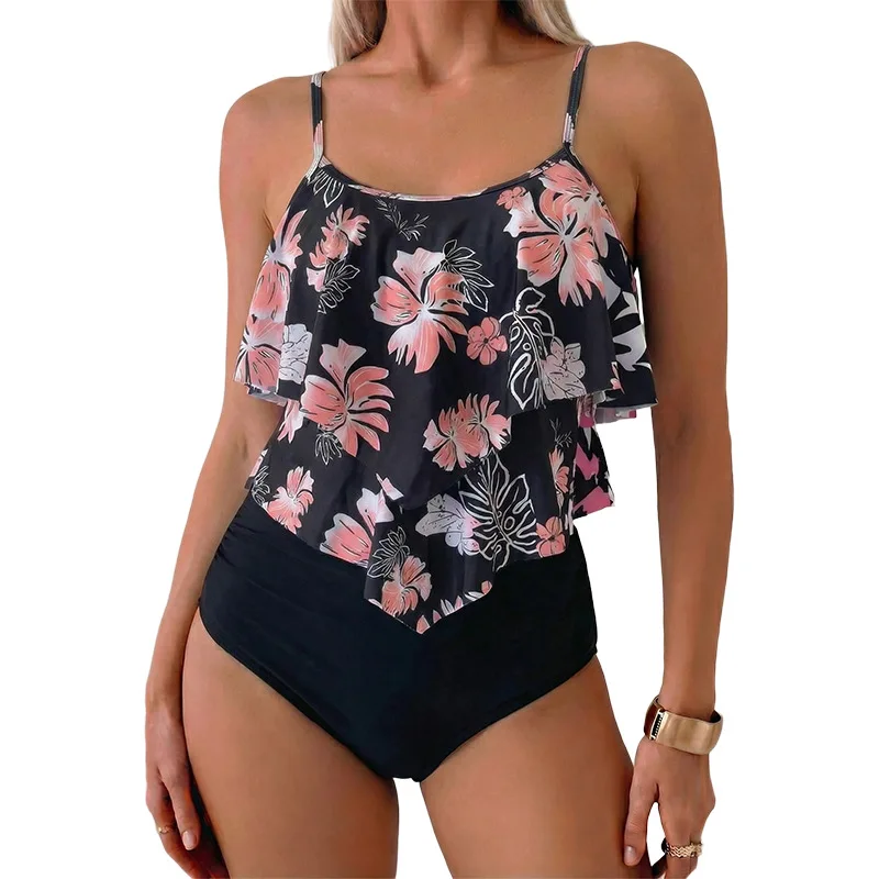 2026 New European Style Ruffled High Waist Tummy Control Slim Two Piece Bikini Swimwear For Women