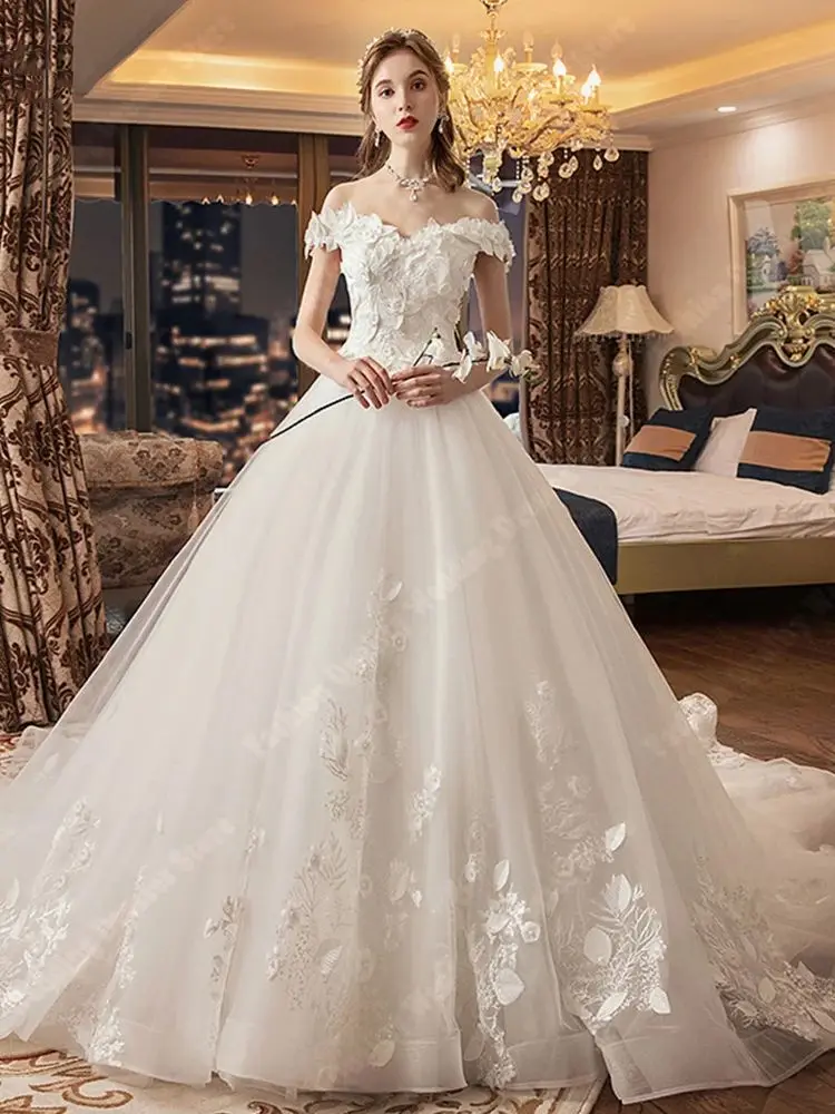 Vestidos De Novia elegantes con cuello en V, superficie De tul, hombros descubiertos, dobladillo grande, Vestidos De Novia Sexy, longitud trapeadora, Vestidos De princesa