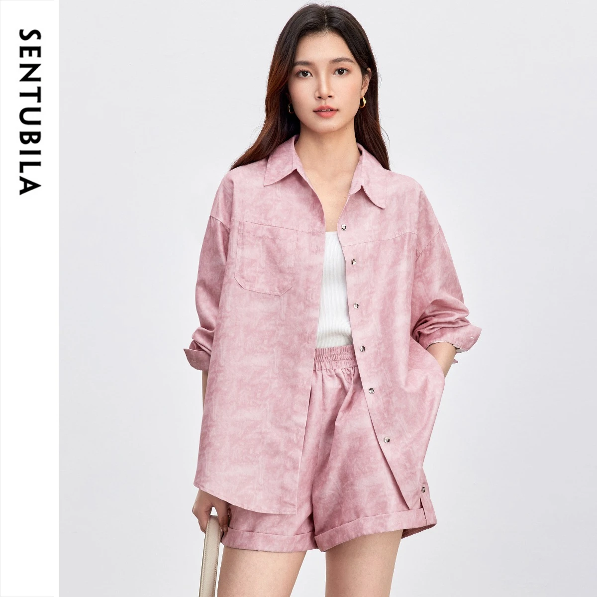 SENTUBILA Women's Matching Set Spring Summer Long Sleeve Elastic Waist Pink 2 Piece 2026 Casual Loose Shorts Set 151Z58353X