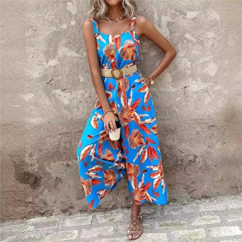 

Boho Beach Vacation Women's Jumpsuit The New Summer Fashion Suspenders Printed Romper Sashes Loose Casual Jumpsuit Women Clothes