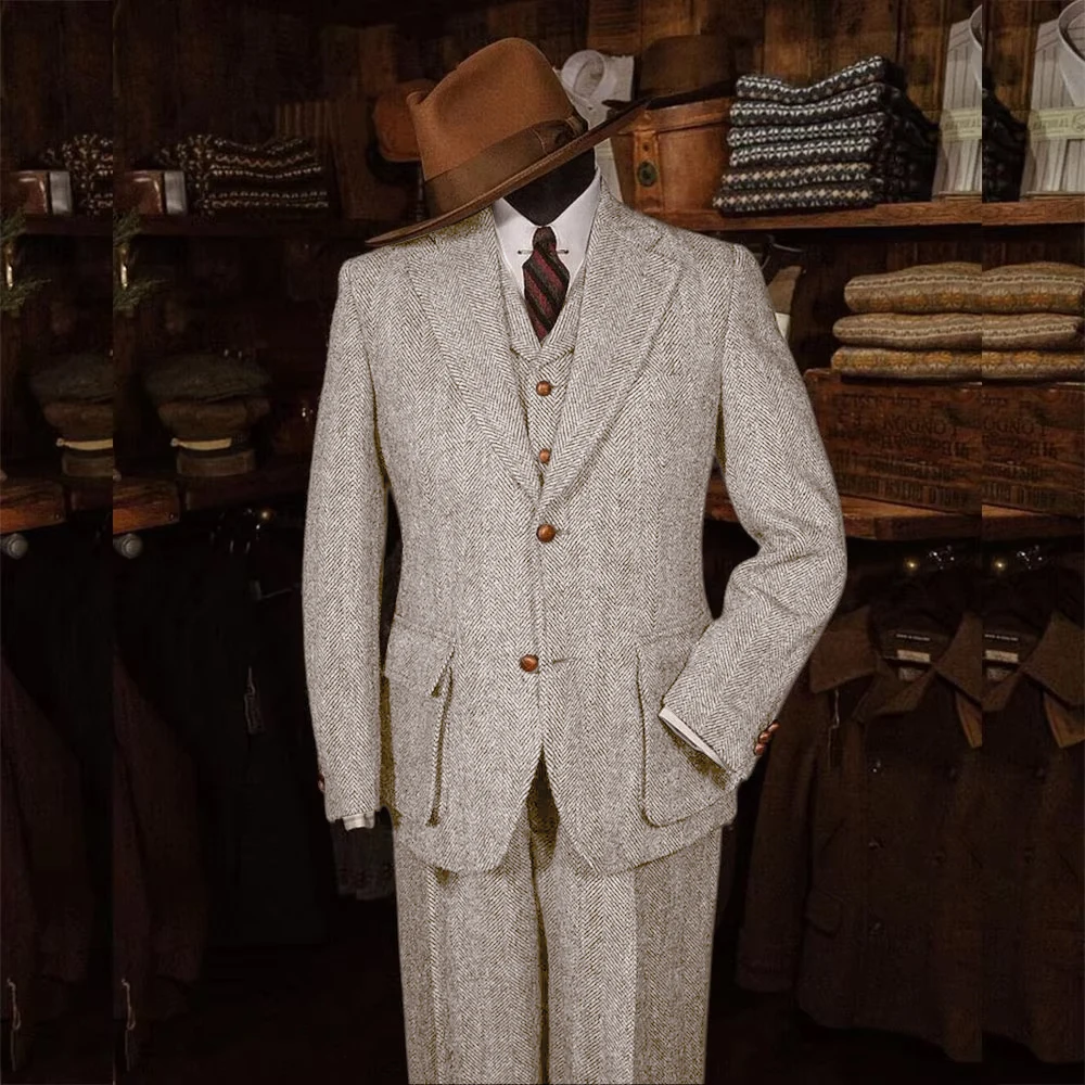 

Herringbone Elegant Men's Suits Winter 3 Piece Jacket Pants Vest Single Breasted Two Pockets Slim Fit Custom Male Clothing