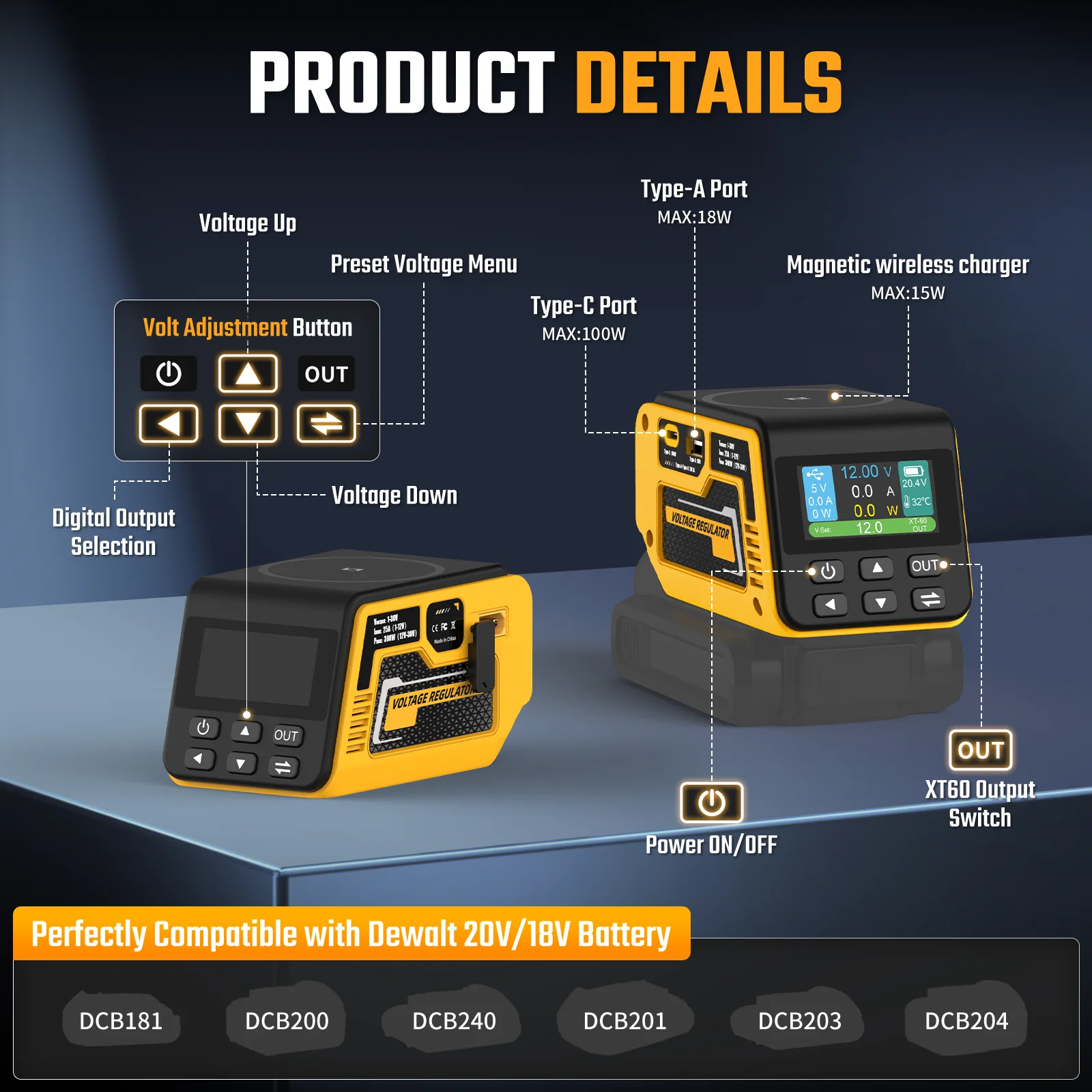 Kzreect 300W Voltage Regulator with Wireless Charging & 100W Type-C Compatible with Dewalt 20V Battery Camping Accessory