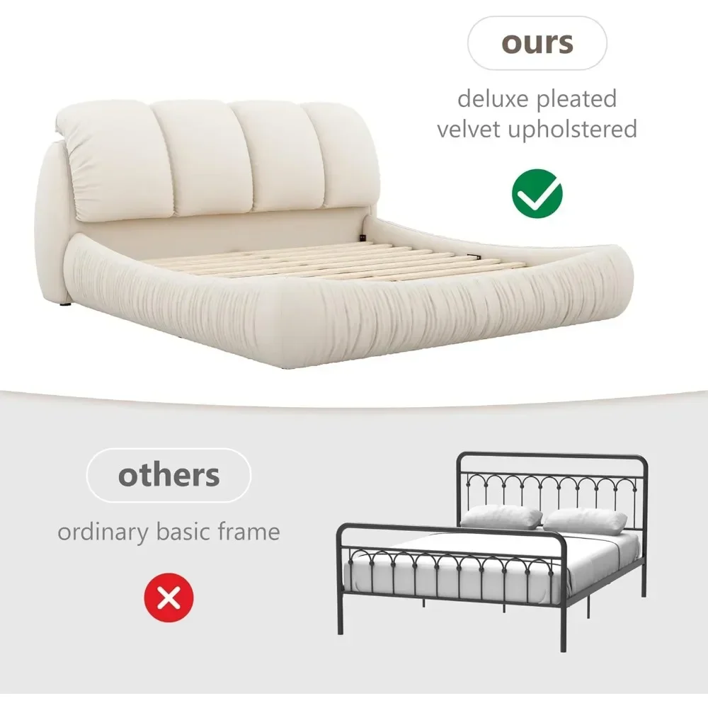 Beige Faux Leather Upholstered Solid Wood Frame Cloud Bed,King Size Platform Bed,Squeak-Free with Overstuffed Padded Headboard - view 5
