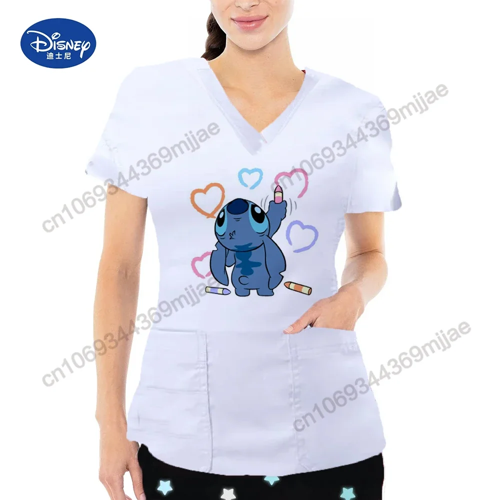 Casual and comfortable short sleeved clothing with Disney cartoon pattern V-neck large pocket design style T-shirt summer top