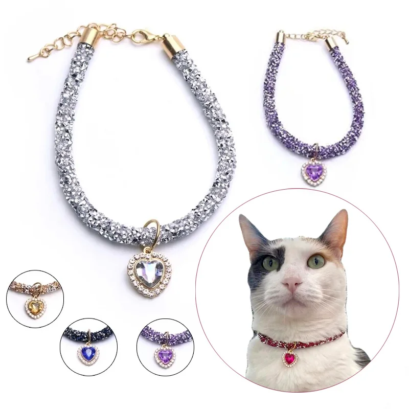 Luxury Cat Collar with Heart Crystal Pendant Puppy Chihuahua Necklace Reflective Rhinestone Kitten Neck Strap Pets Accessories