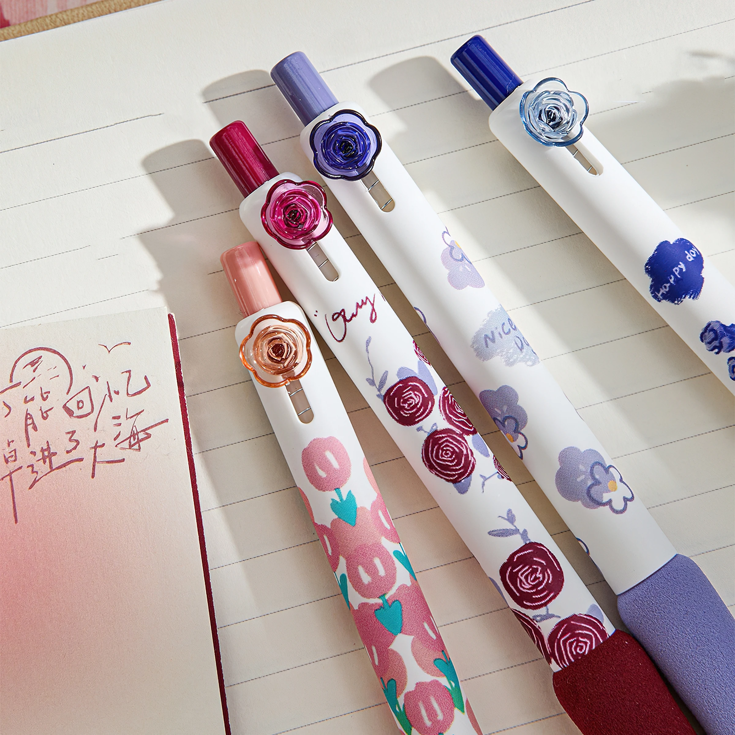 4pcs Rose Flower Gel Pens Set Multi Floral Pattern Soft Holding 0.5mm Ballpoint Black Color Ink for Writing A7712