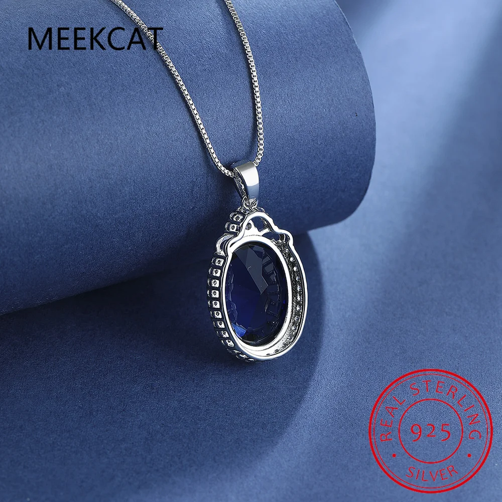 Big Oval Cut Created Blue Sapphire 925 Sterling Silver Pendant Necklace for Women Fine Jewelry Gemstone Choker Colar de Prata