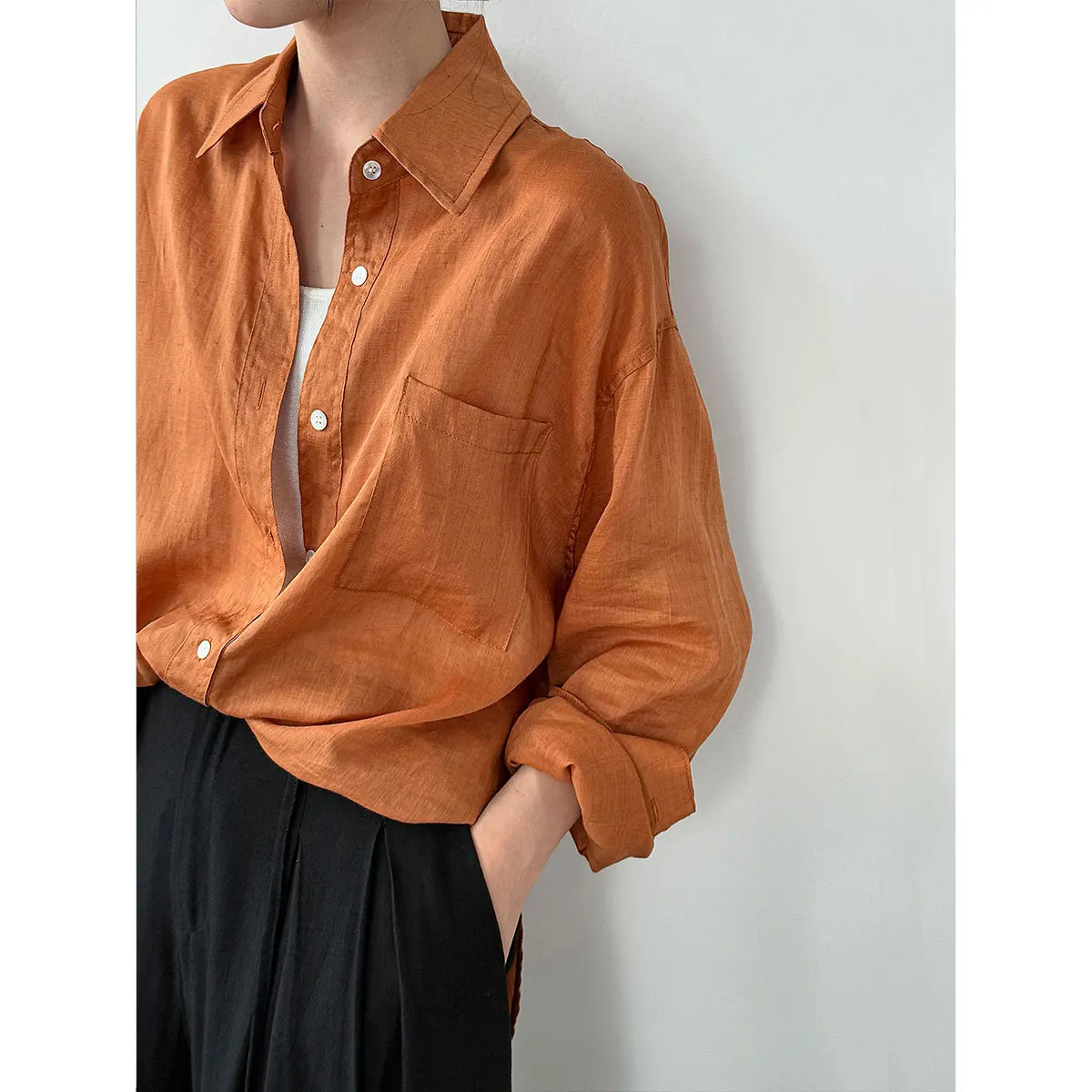 

Tencel Ramie Sunscreen Shirt for Women,Summer French Long Sleeve Loose Casual Shirt, Lightweight Breathable Outer Shirt 2025 New