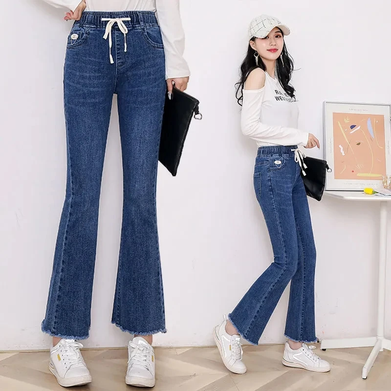 Koreanische Mode knöchel lange Flare Jeans Frauen schnüren elastische hohe Taille dünne Schlag hosen Vaqueros lässige schlanke Jeans hose