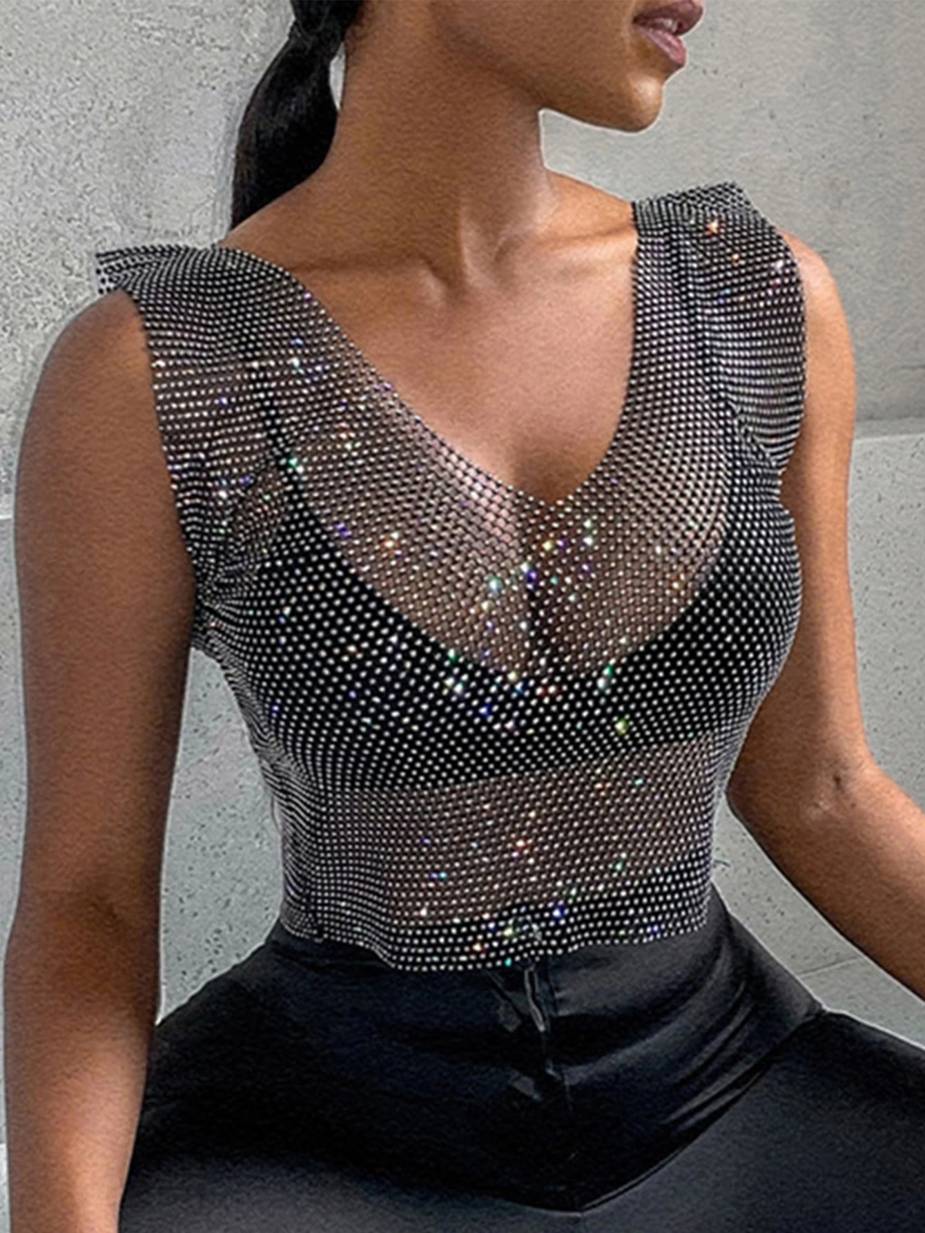 Sexy y2k Summer V Neck See Through fishnet corset crop top women Cover Up bikini Rhinestone mesh Beach party club tank tops 2026