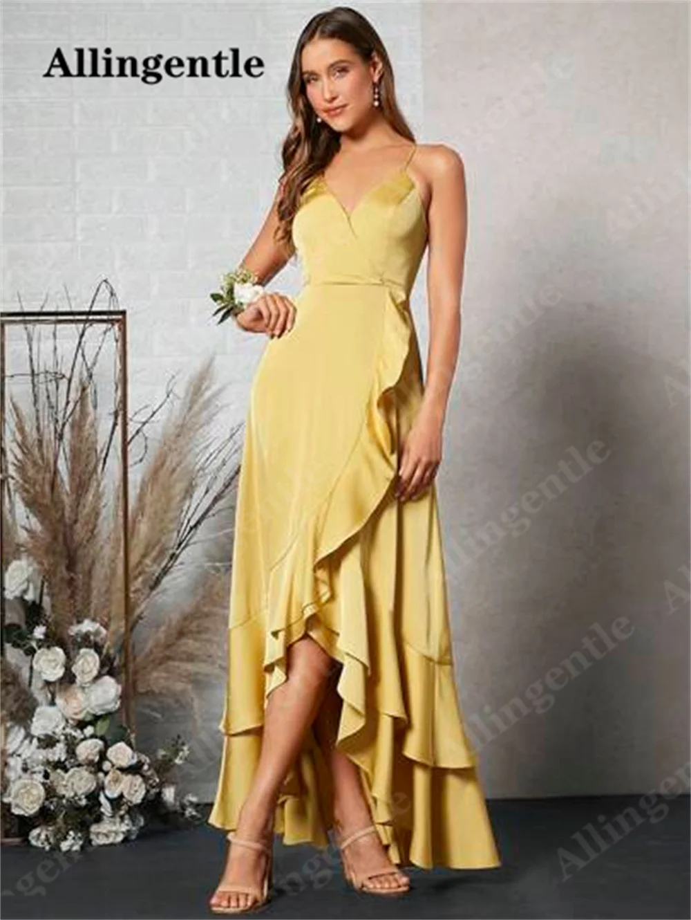 Allingentle Chic Fashion V-Neck Satin Bridesmaid Dresses 2024 A-line Ruffles Slit Party Prom Gown Floor Length vestidos de noche