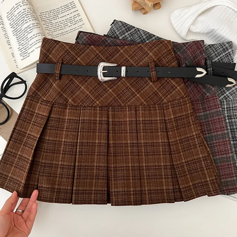 Outono inverno xadrez mini saia com shorts embutidos com cinto de lã grossa boxy plissado saia xadrez feminino adolescente-menina roupa formal