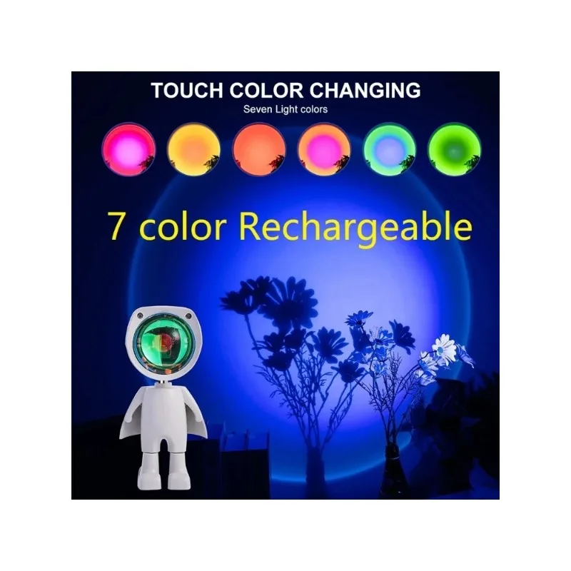 LED Seven Colors Light Sunset Light Astronaut Light Rainbow Projection Night Light 360Degree Rotation Rechargeable Ambient Light