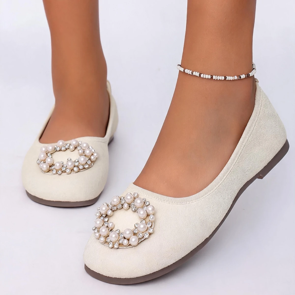 Women Elegant Flat Slip-on Shoes Round Toe Pearl Rhinestone Decor Footwear Versatile Party Daily Dress Footwear
