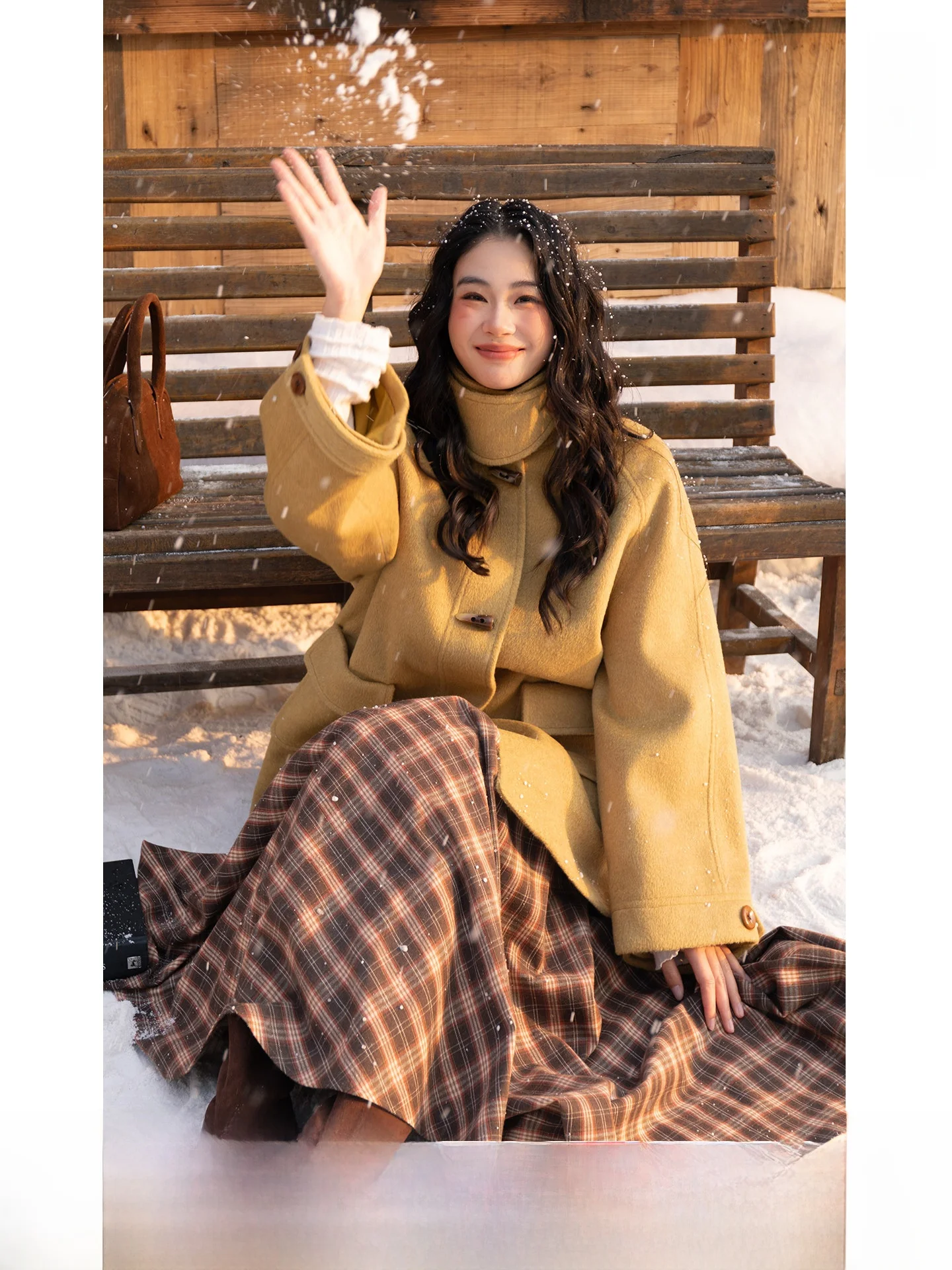 

Желтое шерстяное пальто и юбка в клетку — комплект из двух предметов для женщин, свободный крой, миди-длина, ретро-стиль, зимний наряд