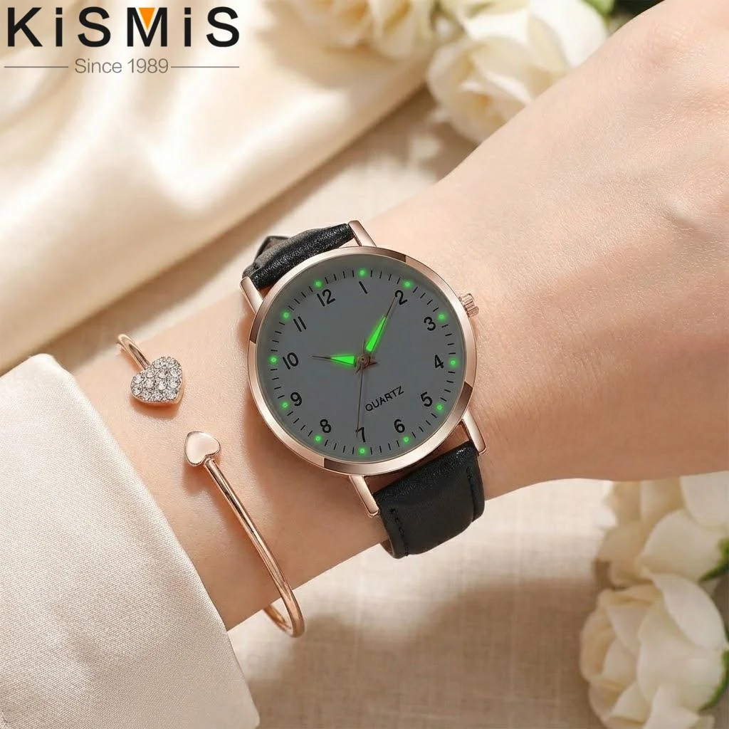 

Casual Round Pointer Quartz Watch Luminous Analog Wristwatch PU Leather Strap Women Girls Students