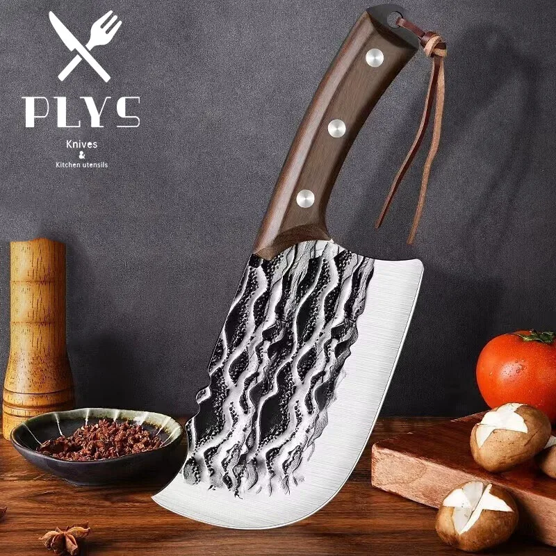 PLYS Kitchen Knife Hand-Forged Chef Meat Cleaver Stainless Steel Sharp Slicing Knife Curved Wooden Handle Chopping Knife