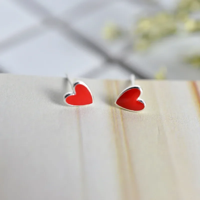 

Real 925 Sterling Silver Red heart Stud Earrings for Women Girls Fashion jewelry brincos brinco