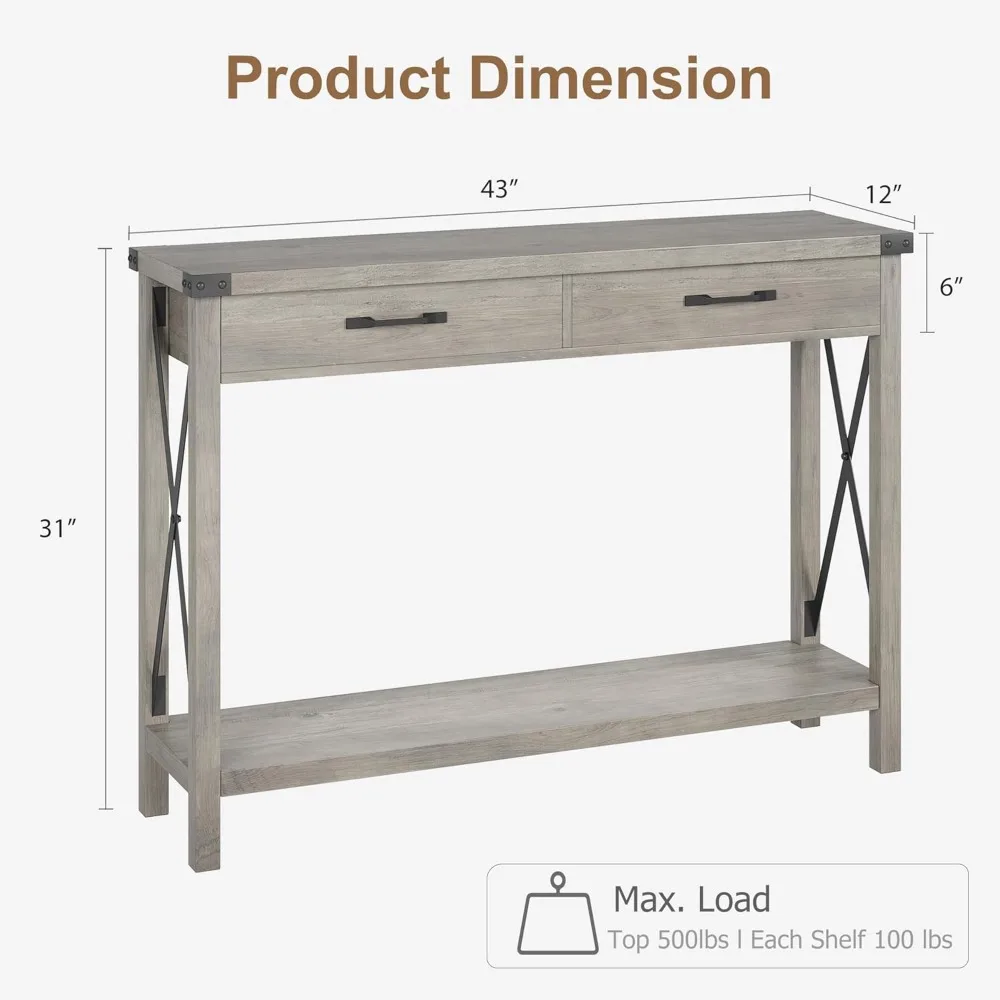 Farmhouse Style Console Table with Storage Drawers for Entryway, Accent Sofa Table with Shelf for Living Room