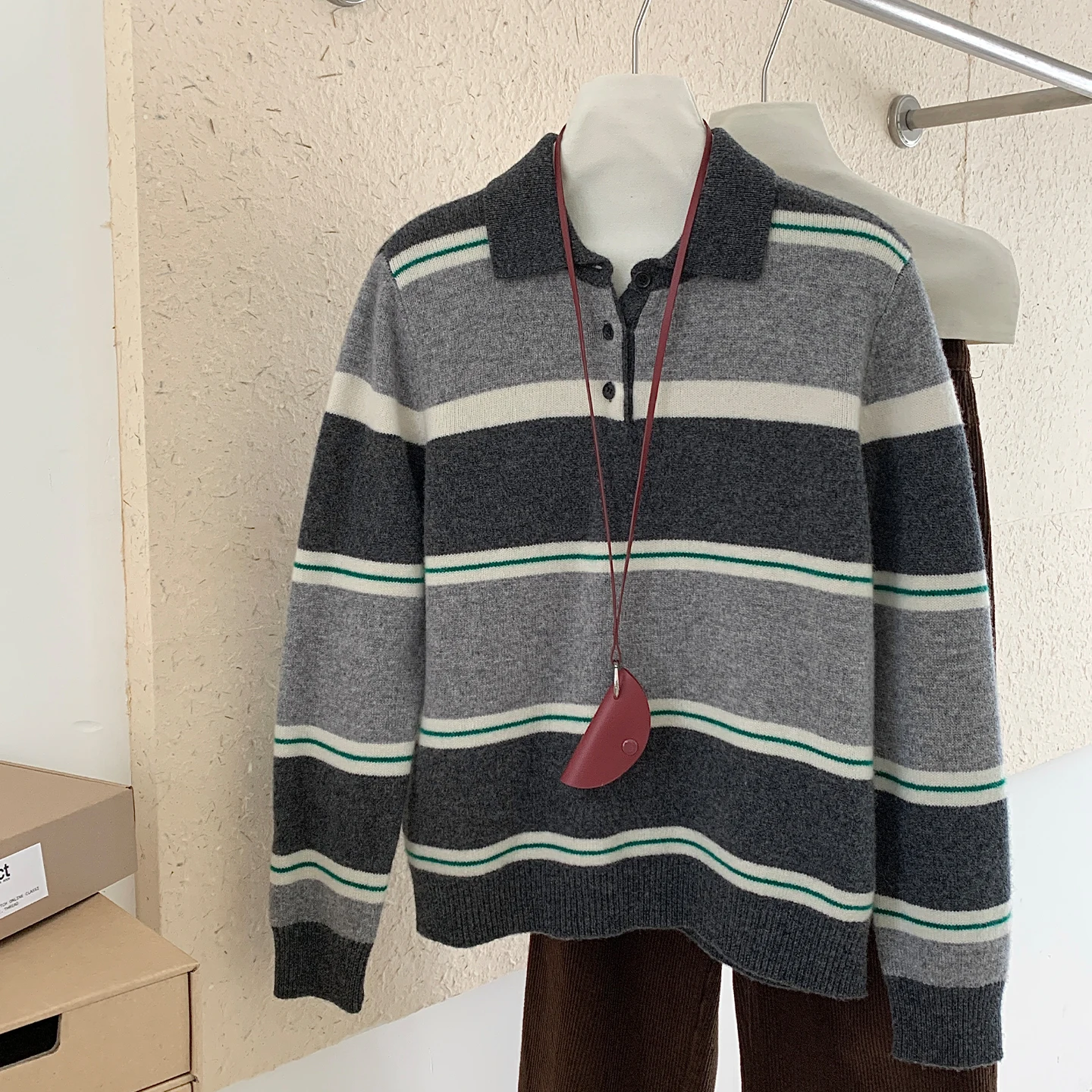 Simple Autumn Winter Women 100% Merino Wool Sweater Thick Color Block Stripe Knit Polo Pullover Elegant Versatile Home Knit Top