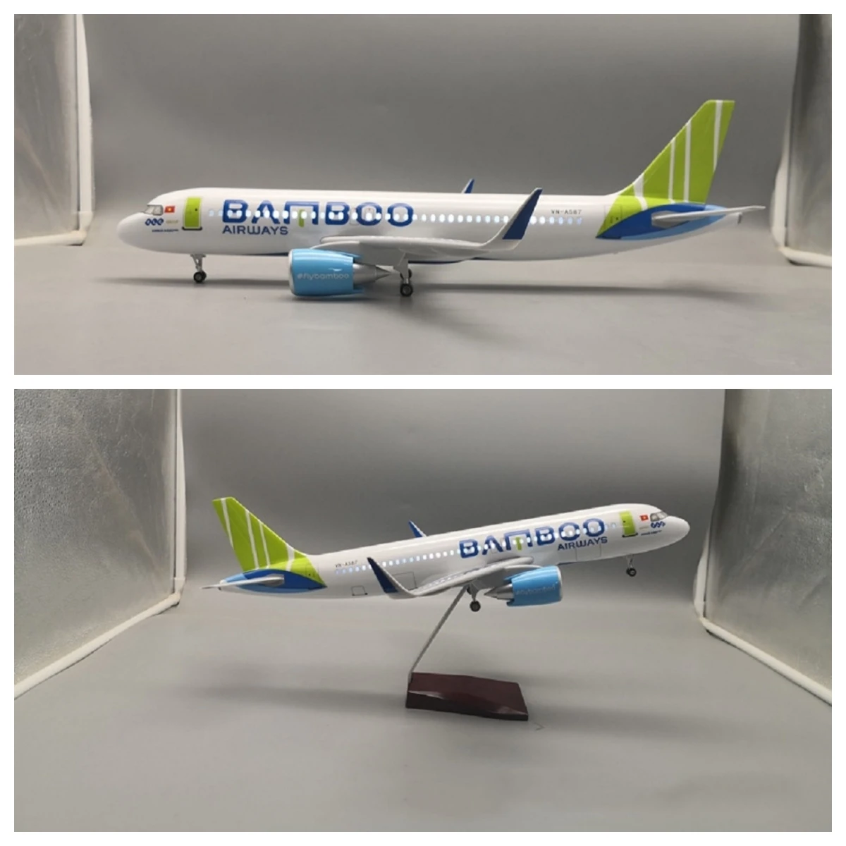 

Plane Model A320 Bamboo Airways 1:80 Scale 47cm Resin Diecast Aircraft Assemble Souvenir Aviation Gift With Lights & Wooden Base