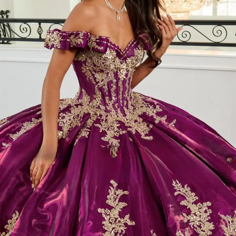 Customized red Quinceanera Dresses Golden decal 3D Shiny bead decoration  Off shoulder Long  Sweet 16 vestidos de 15 quinceañera