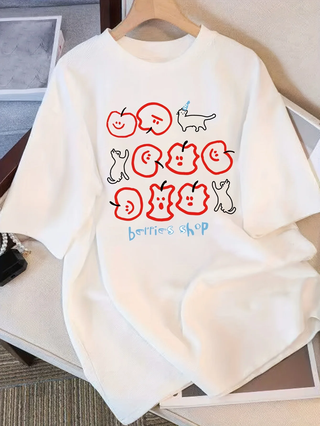 Cute Apple Cat Doodle Printing Daily T-Shirt Women Sport Y2K Short Sleeve Casual Loose Sportswear Cotton O-Neck Summer T Shirt