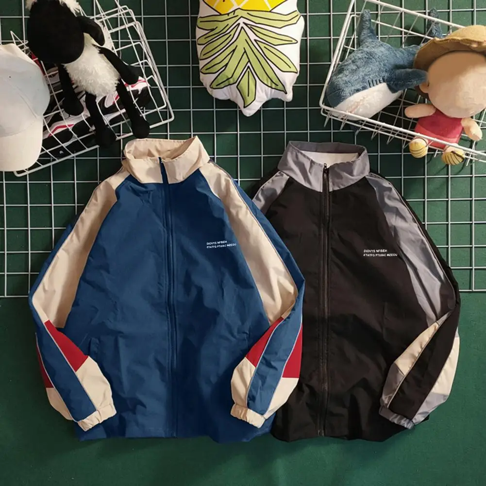 Chaqueta Vintage de bloque de Color para hombre, abrigo de béisbol con cierre de cremallera, cuello levantado, ropa de calle a prueba de viento, primavera y otoño