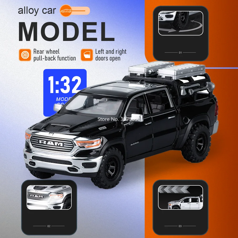 1-32-dodge-ram-pickup-alloy-car-model-diecast-miniature-toy-front-wheel-steeing-sound-and-light-doors-opened-vehice-gift-for-kid
