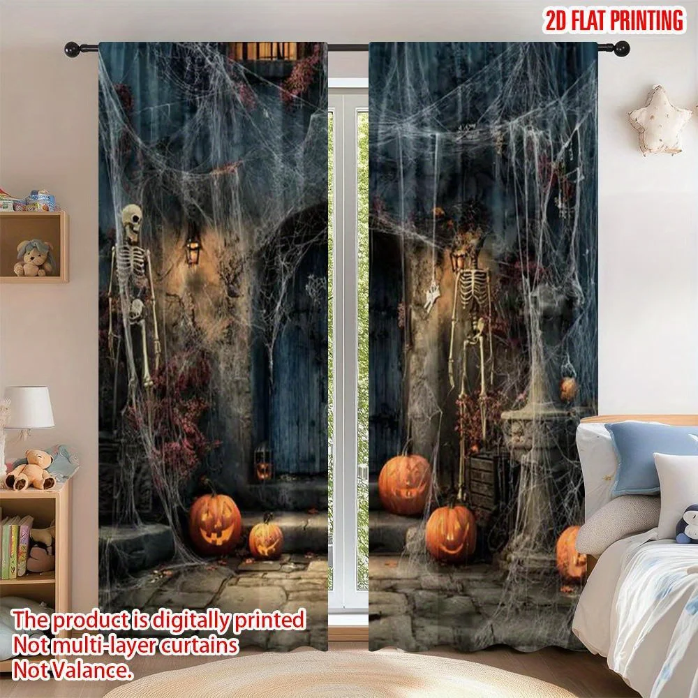 Halloween Skeleton Curtain, Spooky Pumpkin Window Drape, Horror Haunted House Blackout Panel, Gothic Party Room Decor