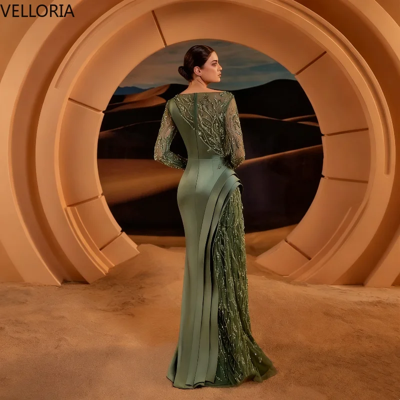 Elegant Green Satin Lace Evening Dress Long Sleeved Mermaid Ball Gown Formal Party Dress Vestdos De Fiesta Customized