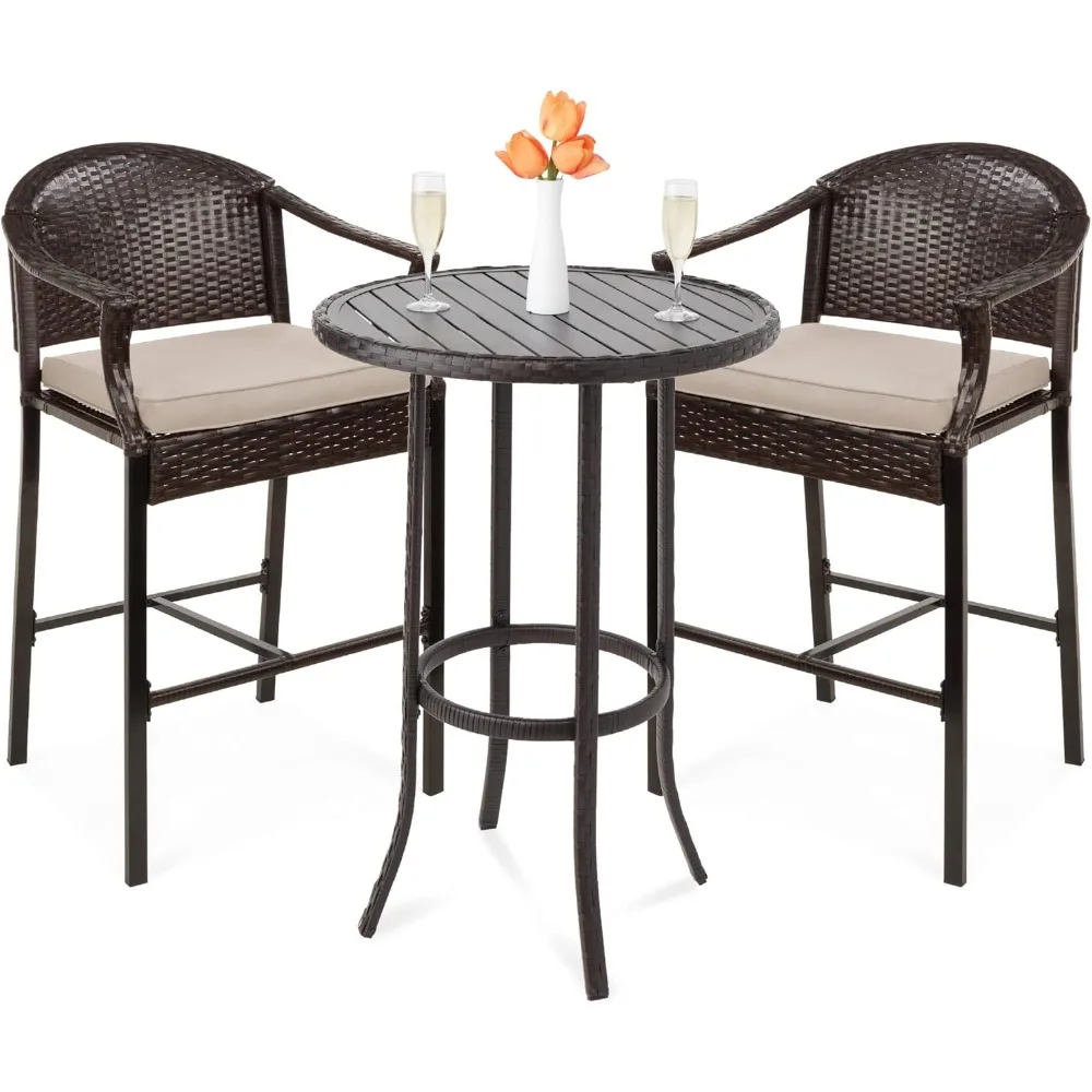 Patio Bar Table Set, Outdoor Wicker Bar Height Bistro Furniture for Backyard, Poolside, Balcony w/Barstools, Cushions