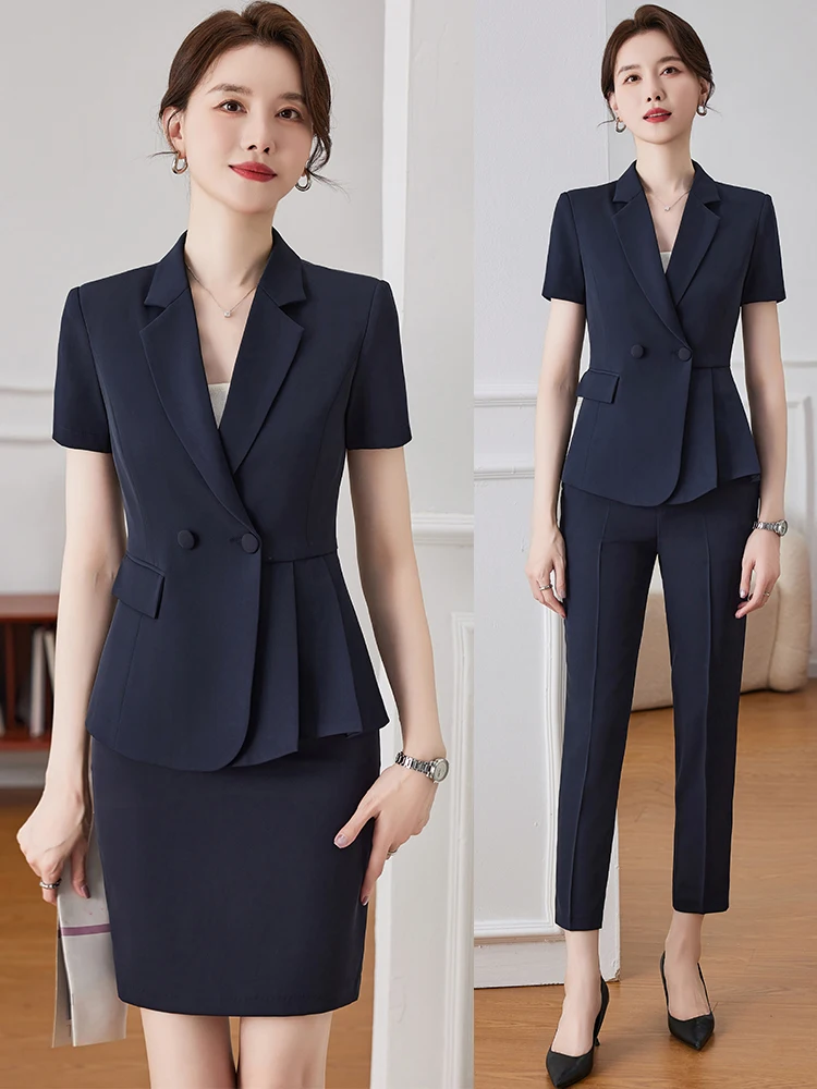 

Blue Short Sleeve Professional Suit Set for Women Summer High End Jewelry Hotel Medical Beauty Workwear Front Desk Uniform
