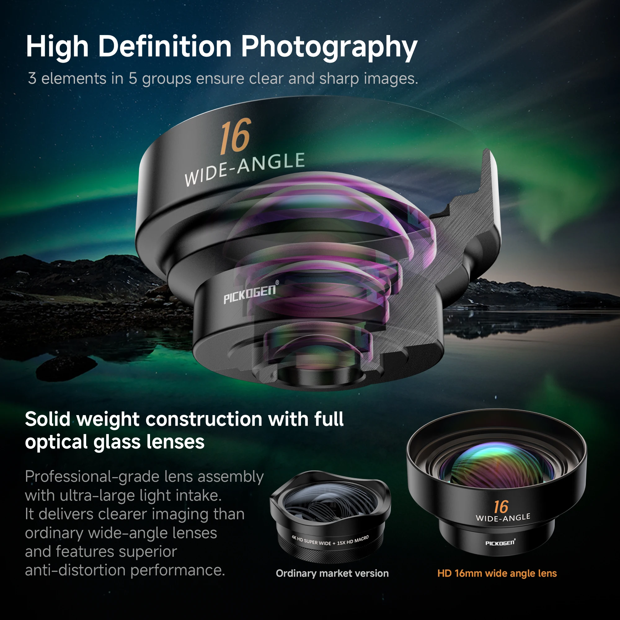 PICKOGEN 16mm Wide Angle Lens, Achieve 105° FOV and Wide Expansive Shots for iPhone and Samsung Xiaomi Vivo 17MM Mount