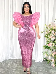 Pink Sequin Dress for Elegant Women Plus Size Party Ruffles Sleeveless Curvy Long Cocktail Chirstmas Evenging  Event Gowns 4XL