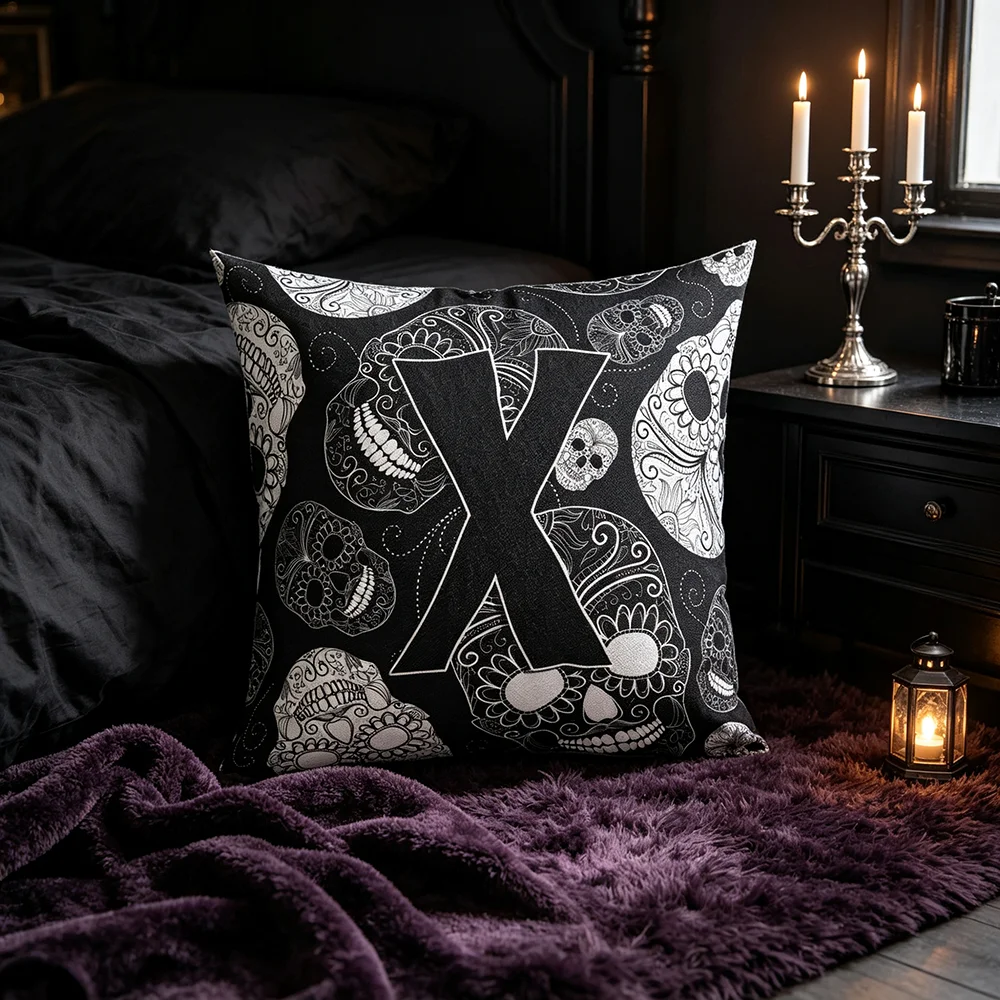 1PC Day of the Dead Skull Print Pillow Cover Black White Sugar Skull Letter X Halloween Sofa Couch Bedroom Home Decor Gift