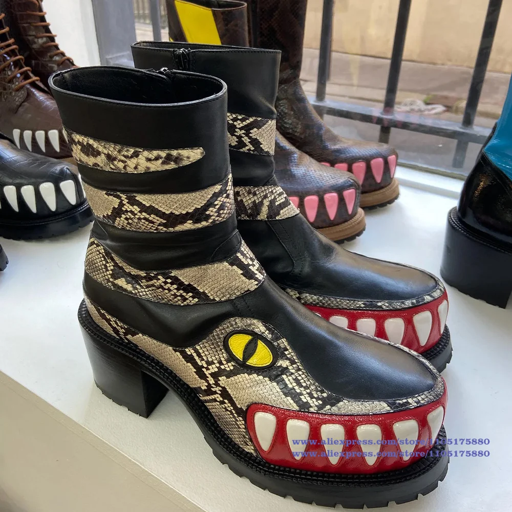 Crocodile Teeth Pattern Men's Boots Thick-Soled Round Toe Platform Side Zip Boots Luxury Designer Men's Shoes Botas Mujer