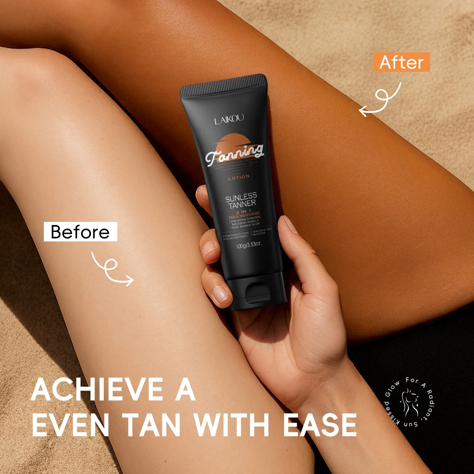 LAIKOU Self Tanning Body Lotion 100g, Sunless Tanner Tanner for Natural Glow, Non Greasy Long Lasting Hydration Summer Essential