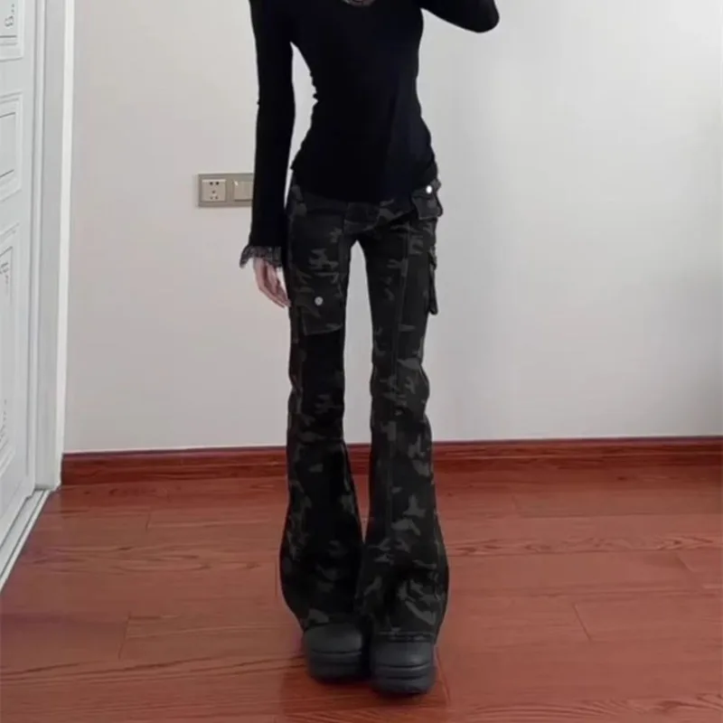 

Джинсы с низкой талией для женщин, камуфляжная рабочая одежда, повседневные брюки, свободные утягивающие брюки-клеш, летние широкие прямые длинные брюки