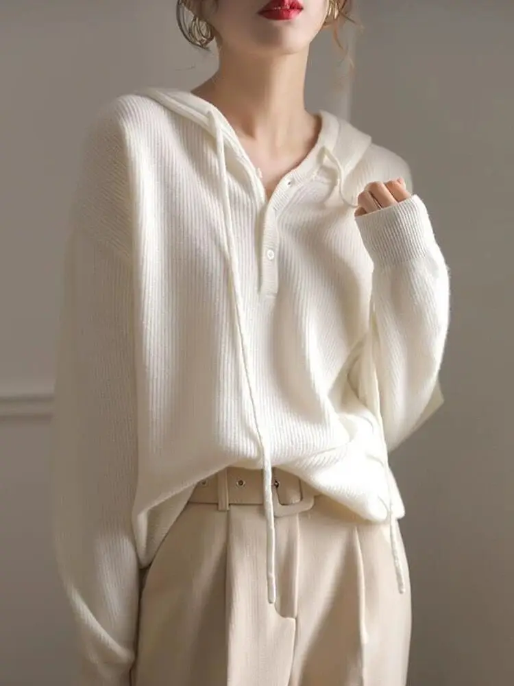 

Новый кашемировый свитер с капюшоном, женский свободный однотонный зимний кашемировый свитер с капюшоном, женский топ с длинными рукавами