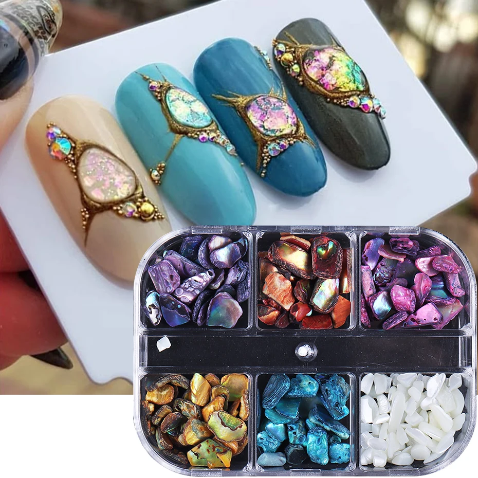 6 Grids Abalone Shell Flakes Nail Art Decoration 3D Charms Irregular Seashell Fragment Aurora Slices DIY Manicure Accessories